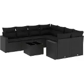 vidaXL 9-tlg. Garten-Sofagarnitur mit Kissen Schwarz Poly Rattan