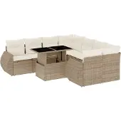 vidaXL 9-tlg. Garten-Sofagarnitur mit Kissen Beige Poly Rattan