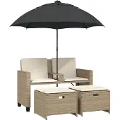 vidaXL Gartensofa 2-Sitzer Sonnenschirm und Hocker Beige Poly-Rattan