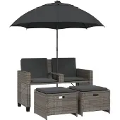 vidaXL Gartensofa 2-Sitzer Sonnenschirm und Hocker Grau Poly Rattan