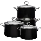 Altom Emaille-Topfset 4-teilig aus Stahl, 2,1–5,5 l, Glasdeckel, schwarz, induktionsgeeignet