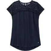 Sheego Spitzenshirt "Spitzenshirt", Damen, Gr. 56/58, blau (tiefblau), 100% Viskose, unifarben, Rundhals, Shirts Spitzenshirt