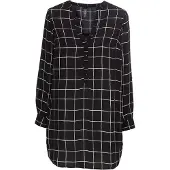 Bonprix Longbluse , Damen, Gr. 34, schwarz (schwarz, weiß kariert), Obermaterial: 100% Polyester, gerade, Blusen Longbluse, gerade Passform, mit Umlegekragen, mit tiefem V-Ausschnitt