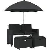 vidaXL Gartensofa 2-Sitzer Sonnenschirm und Hocker Schwarz Poly-Rattan