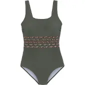 LASCANA Badeanzug "Adelin", Damen, Gr. 44, Cup D, grün (oliv, leo), Elasthan, Recycling-Polyamid, unifarben, Badeanzüge Badeanzug, mit Shaping-Effekt und bedruckten Details