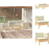 vidaXL 6-tlg. Garten-Lounge-Set mit Creme Kissen Kiefernholz - Gartenmöbel-Sets