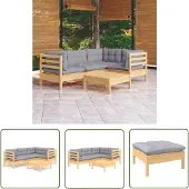 The Living Store 5-tlg. Garten-Lounge-Set mit Grauen Kissen Kiefernholz