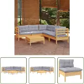 The Living Store 6-tlg. Garten-Lounge-Set mit Grauen Kissen Kiefer Massivholz