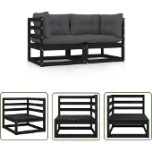 The Living Store Gartensofa 2-Sitzer mit Kissen Schwarz Kiefer Massivholz