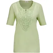 Goldner Kurzarmshirt "Elegantes Jerseyshirt mit Rundhals", Damen, Gr. 52, grün (lindgrün), Obermaterial: 92% Baumwolle CO. 8% Elasthan EL., Tubular, Shirts Kurzarmshirt, Effektvolle Häkelspitze