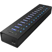 Icy Box IB-AC6113, 13 Port USB3.0 Hub + 1x Ladeport, Aluminium Gehäuse mit Netzteil, USB 3.2 Gen 1 (3.1 Gen 1) Type-B, USB 3.2 Gen 1 (3.1 Gen 1) Type-A, 5000 Mbit/s, Schwarz, Aluminium, China