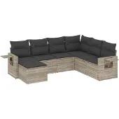 vidaXL 7-tlg. Garten-Sofagarnitur mit Kissen Hellgrau Poly Rattan