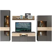 Forte Wohnzimmerschrank COMO links 4-tlg Grau/Planked Eiche mit LED 269,7x52x168,3 cm