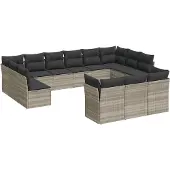 vidaXL 13-tlg. Garten-Sofagarnitur mit Kissen Hellgrau Poly Rattan