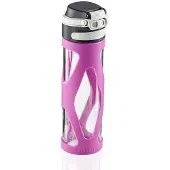 Leifheit Glas Flip Trinkflasche, 600 ml, Praktischer und nachhaltiger Getränkebehälter für Unterwegs, Farbe: lila