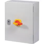 Eaton 197325 Lasttrennschalter, DMM, 125 A, 3-polig, NOT-AUS-Funktion, mit rotem Drehgriff und gelbem Sperrkranz, im Stahlgehäuse DMM-125/3/SE4/P-R
