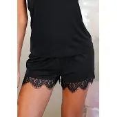 LASCANA Schlafshorts schwarz Gr. 44/46 für Damen. Mit Zierschleife. Bequem
