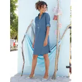 Casual Looks Jeanskleid "Jeans-Kleid", Damen, Gr. 36, Normalgrößen, blau (blau, bleached), 100% Baumwolle, unifarben, kurz, V-Ausschnitt, Kleider Jeanskleid