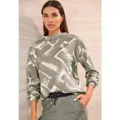 HEINE Shirtjacke "Druck-Shirt Langarmshirt mit Kelchkragen", Damen, Gr. 34, beige (khaki, sand, bedruckt), Modisch, Shirts Shirtjacke