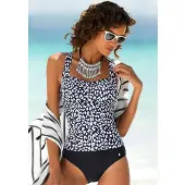 LASCANA Badeanzug , Damen, Gr. 38, Cup C, schwarz-weiß (schwarz, weiß), Polyamid, Badeanzüge Badeanzug, mit trendigem schwarz-weiß Druck und Shaping-Effekt
