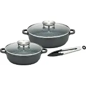 GSW Pfannen-Set "Gourmet Granit" Aluminiumguss Set, 1x Servierpfanne mit Glasdeckel 24cm, 28cm, Servierzange, 5 Stk. tlg. Aluminium-Guss, VITAFLON GRANIT Antihaft-Versiegelung, Induktion