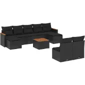 The Living Store 10-tlg. Garten-Sofagarnitur mit Kissen Schwarz Poly Rattan