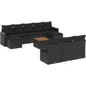 The Living Store 11-tlg. Garten-Sofagarnitur mit Kissen Schwarz Poly Rattan