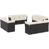 The Living Store 12-tlg. Garten-Sofagarnitur mit Kissen Schwarz Poly Rattan