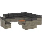 The Living Store 14-tlg. Garten-Sofagarnitur mit Kissen Grau Poly Rattan