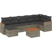 The Living Store 8-tlg. Garten-Sofagarnitur mit Kissen Grau Poly Rattan
