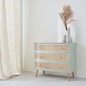 Sweeek - Kommode mit Holzeffekt und Rattan-Geflecht 3 Schubladen - Seladon Grün
