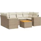 The Living Store 7-tlg. Garten-Sofagarnitur mit Kissen Beige Poly Rattan