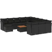 The Living Store 13-tlg. Garten-Sofagarnitur mit Kissen Schwarz Poly Rattan