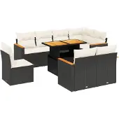 The Living Store 9-tlg. Garten-Sofagarnitur mit Kissen Schwarz Poly Rattan
