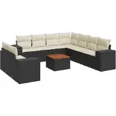 The Living Store 10-tlg. Garten-Sofagarnitur mit Kissen Schwarz Poly Rattan