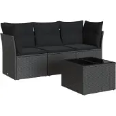 The Living Store 4-tlg. Garten-Sofagarnitur mit Kissen Schwarz Poly Rattan