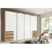 Fresh To Go Schwebetürenschrank Level Kleiderschrank Synchronöffnung 300x65x216cm plankeneiche Weißglas