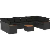 The Living Store 11-tlg. Garten-Sofagarnitur mit Kissen Schwarz Poly Rattan