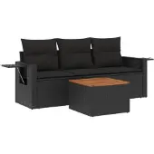 The Living Store 4-tlg. Garten-Sofagarnitur mit Kissen Schwarz Poly Rattan