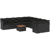 The Living Store 11-tlg. Garten-Sofagarnitur mit Kissen Schwarz Poly Rattan