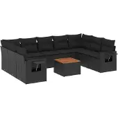 The Living Store 10-tlg. Garten-Sofagarnitur mit Kissen Schwarz Poly Rattan