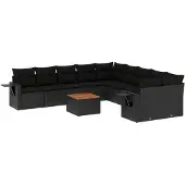 The Living Store 11-tlg. Garten-Sofagarnitur mit Kissen Schwarz Poly Rattan