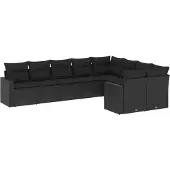 The Living Store 9-tlg. Garten-Sofagarnitur mit Kissen Schwarz Poly Rattan