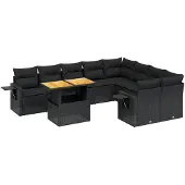 The Living Store 10-tlg. Garten-Sofagarnitur mit Kissen Schwarz Poly Rattan