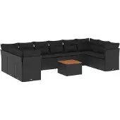 The Living Store 11-tlg. Garten-Sofagarnitur mit Kissen Schwarz Poly Rattan