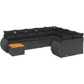 The Living Store 10-tlg. Garten-Sofagarnitur mit Kissen Schwarz Poly Rattan