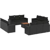 The Living Store 13-tlg. Garten-Sofagarnitur mit Kissen Schwarz Poly Rattan