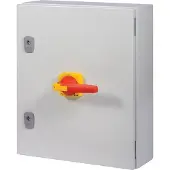 Eaton 197339 Lasttrennschalter, DMV, 250 A, 4-polig, NOT-AUS-Funktion, mit rotem Drehgriff und gelbem Sperrkranz, im Stahlgehäuse, Anschlussbohrung