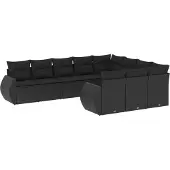 The Living Store 10-tlg. Garten-Sofagarnitur mit Kissen Schwarz Poly Rattan