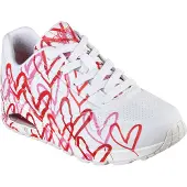 SKECHERS Wedgesneaker "UNO-SPREAD THE LOVE", Damen, Gr. 38, weiß (weiß, rot), Lederimitat, kontrastfarbene Details, Schuhe Wedgesneaker, Freizeitschuh, Halbschuh, Schnürschuh mit coolem Graffiti-Print